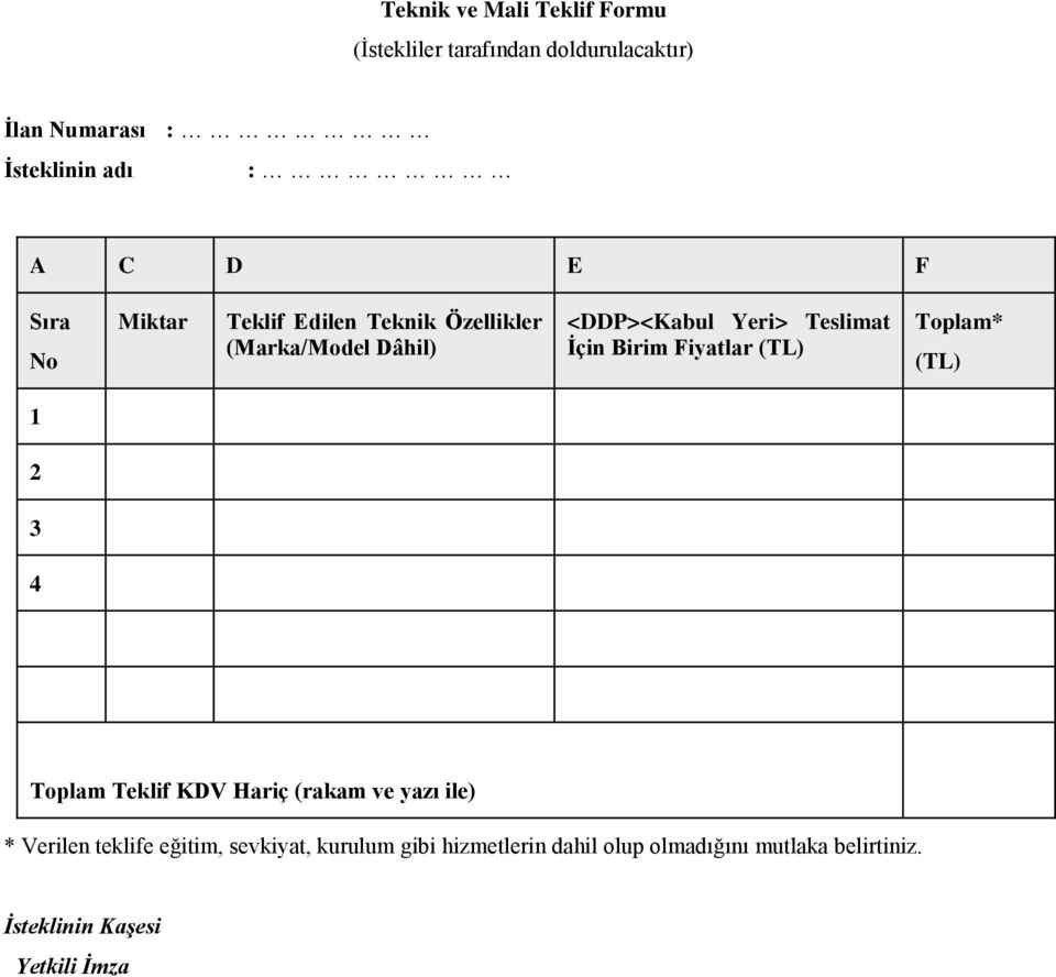 Birim Fiyatlar (TL) Toplam* (TL) 1 2 3 4 Toplam Teklif KDV Hariç (rakam ve yazı ile) * Verilen teklife