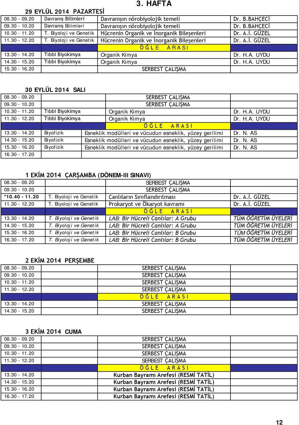 20 Tıbbi Biyokimya Organik Kimya Dr. H.A. UYDU 14.30-15.20 Tıbbi Biyokimya Organik Kimya Dr. H.A. UYDU 30 EYLÜL 2014 SALI 10.30-11.20 Tıbbi Biyokimya Organik Kimya Dr. H.A. UYDU 11.30-12.