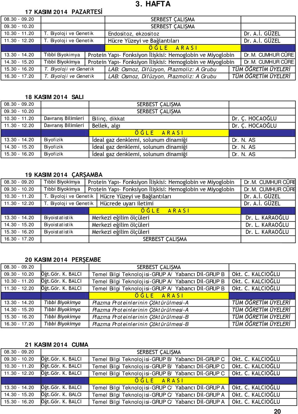 30-16.20 T. Biyoloji ve Genetik LAB: Osmoz, Difüzyon, Plazmoliz: A Grubu TÜM ÖĞRETİM ÜYELERİ 16.30-17.20 T. Biyoloji ve Genetik LAB: Osmoz, Difüzyon, Plazmoliz: A Grubu TÜM ÖĞRETİM ÜYELERİ 18 KASIM 2014 SALI 10.