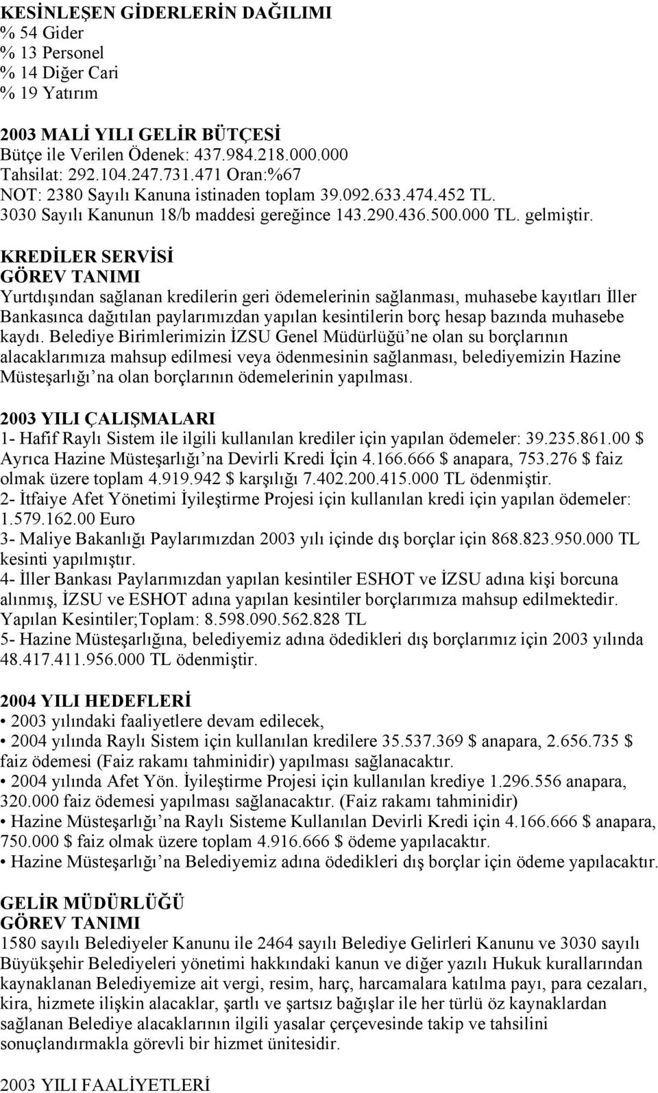 KREDİLER SERVİSİ Yurtdışından sağlanan kredilerin geri ödemelerinin sağlanması, muhasebe kayıtları İller Bankasınca dağıtılan paylarımızdan yapılan kesintilerin borç hesap bazında muhasebe kaydı.