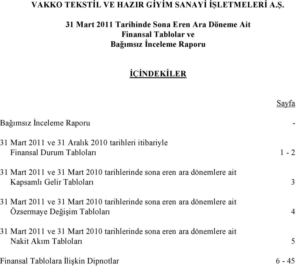 tarihlerinde sona eren ara dönemlere ait Kapsamlı Gelir Tabloları 3 31 Mart 2011 ve 31 Mart 2010 tarihlerinde sona eren ara