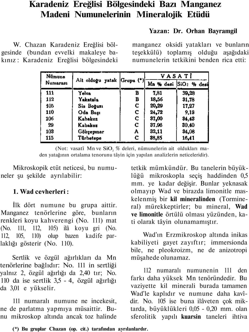 tetkikini benden rica etti: (Not: vasatî Mn ve SiO 2 % deleri, nümunelerin ait oldukları maden yatağının ortalama tenorunu tâyin için yapılan analizlerin neticeleridir).