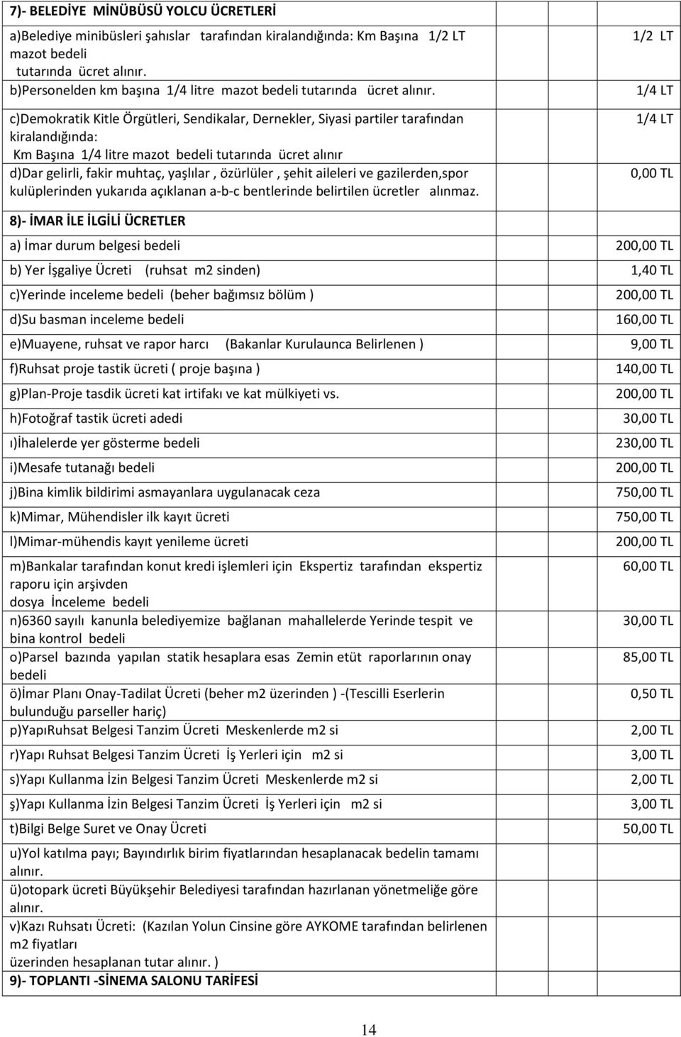 c)demokratik Kitle Örgütleri, Sendikalar, Dernekler, Siyasi partiler tarafından kiralandığında: Km Başına 1/4 litre mazot bedeli tutarında ücret alınır d)dar gelirli, fakir muhtaç, yaşlılar,