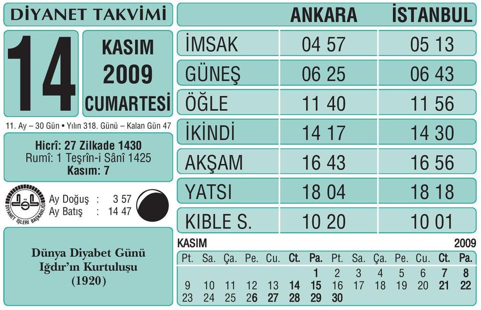 1425 Kas m: 7 y Do ufl : 3 57 y Bat fl : 14 47 Dünya Diyabet Günü I