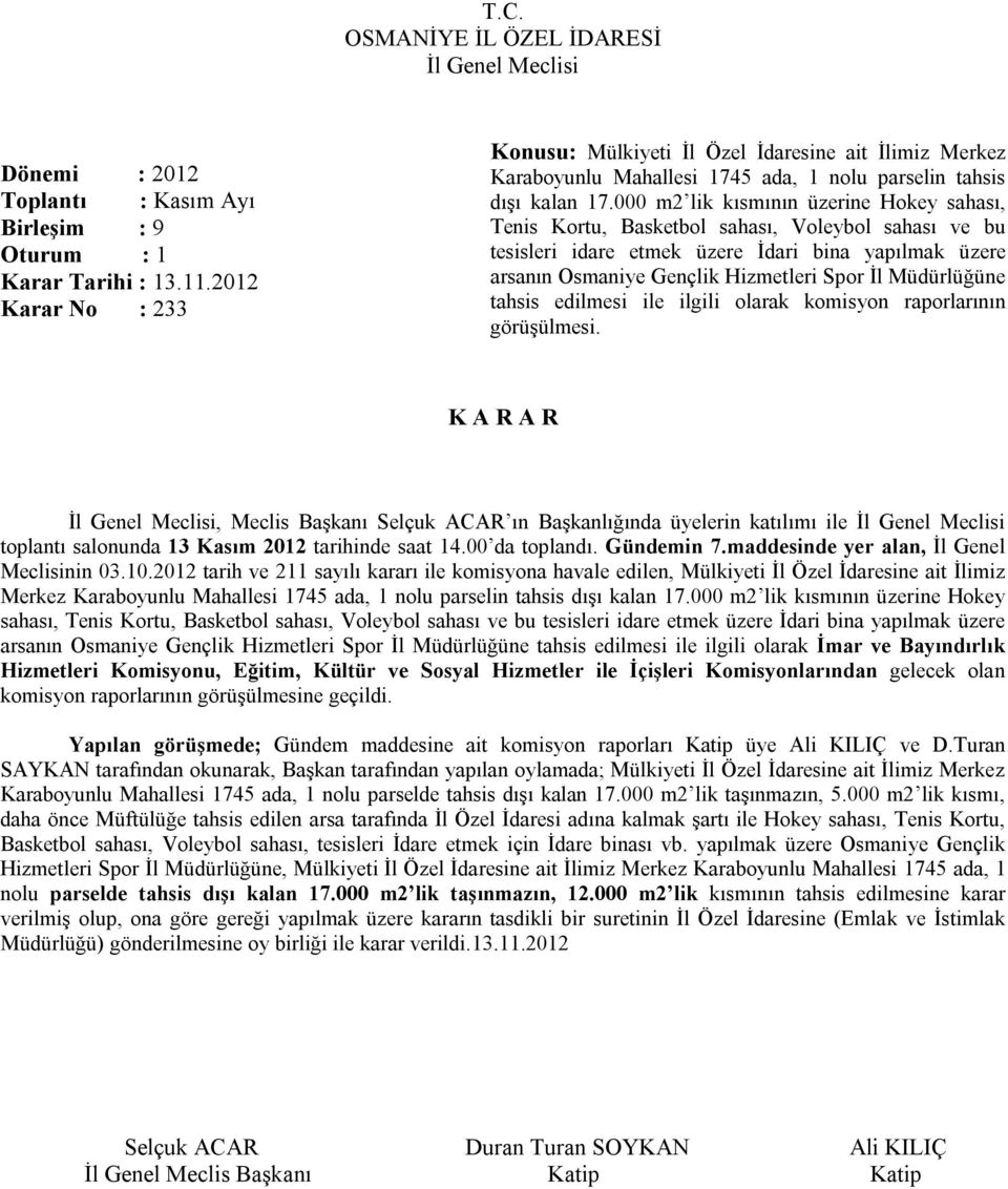 Müdürlüğüne tahsis edilmesi ile ilgili olarak komisyon raporlarının görüşülmesi. toplantı salonunda 13 Kasım 2012 tarihinde saat 14.00 da toplandı. Gündemin 7.