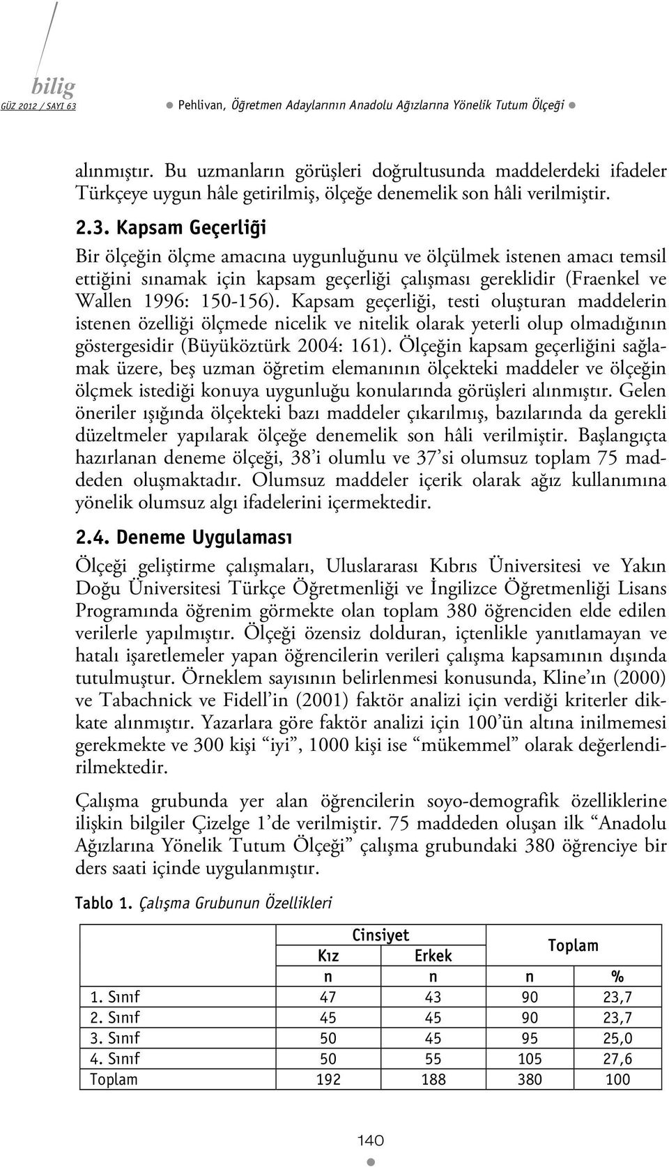 Kapsam Geçerliği Bir ölçeğin ölçme amacına uygunluğunu ve ölçülmek istenen amacı temsil ettiğini sınamak için kapsam geçerliği çalışması gereklidir (Fraenkel ve Wallen 1996: 150-156).