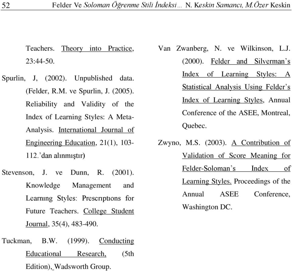 Knowledge Management and Learnıng Styles: Prescrıptıons for Future Teachers. College Student Journal, 35(4), 483-490. Van Zwanberg, N. ve Wilkinson, L.J. (2000).