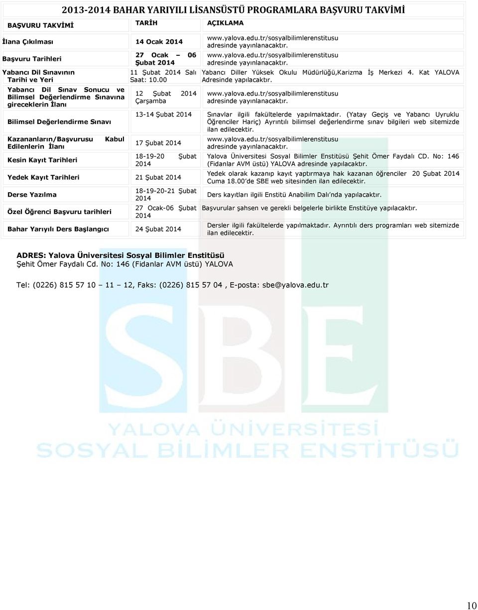 00 12 Şubat 2014 Çarşamba AÇIKLAMA www.yalova.edu.tr/sosyalbilimlerenstitusu adresinde yayınlanacaktır. www.yalova.edu.tr/sosyalbilimlerenstitusu adresinde yayınlanacaktır. Yabancı Diller Yüksek Okulu Müdürlüğü,Karizma İş Merkezi 4.