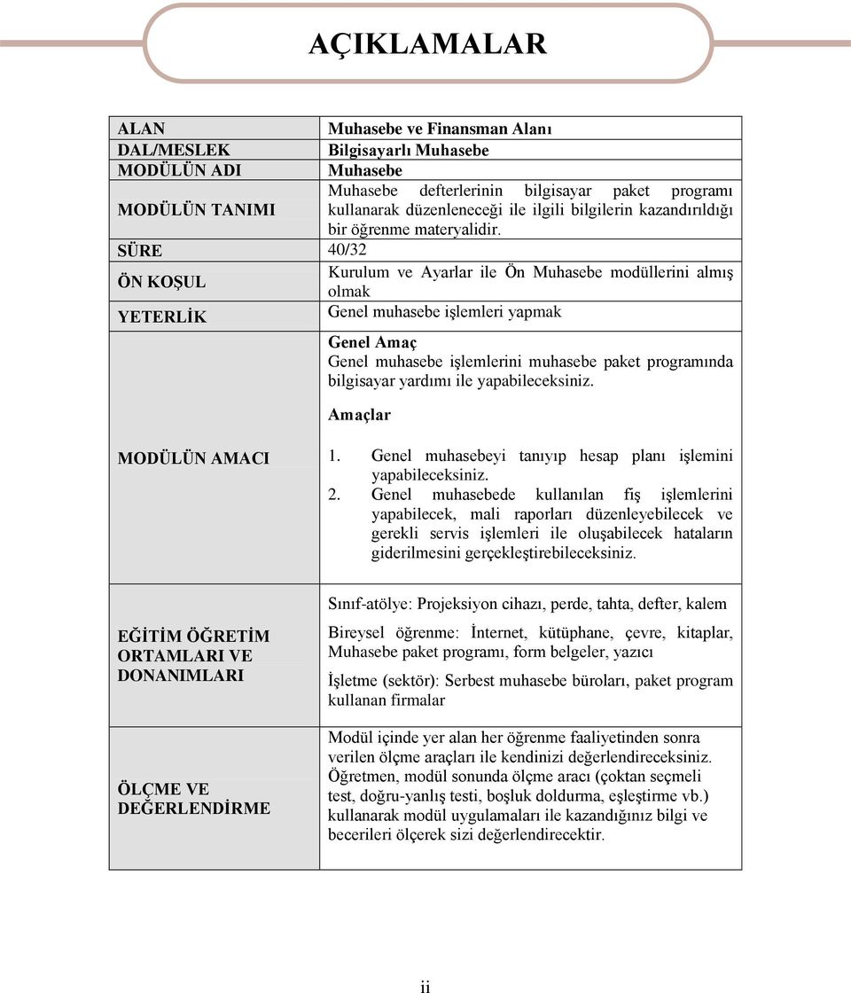 SÜRE 40/32 ÖN KOŞUL Kurulum ve Ayarlar ile Ön Muhasebe modüllerini almış olmak YETERLİK Genel muhasebe işlemleri yapmak Genel Amaç Genel muhasebe işlemlerini muhasebe paket programında bilgisayar