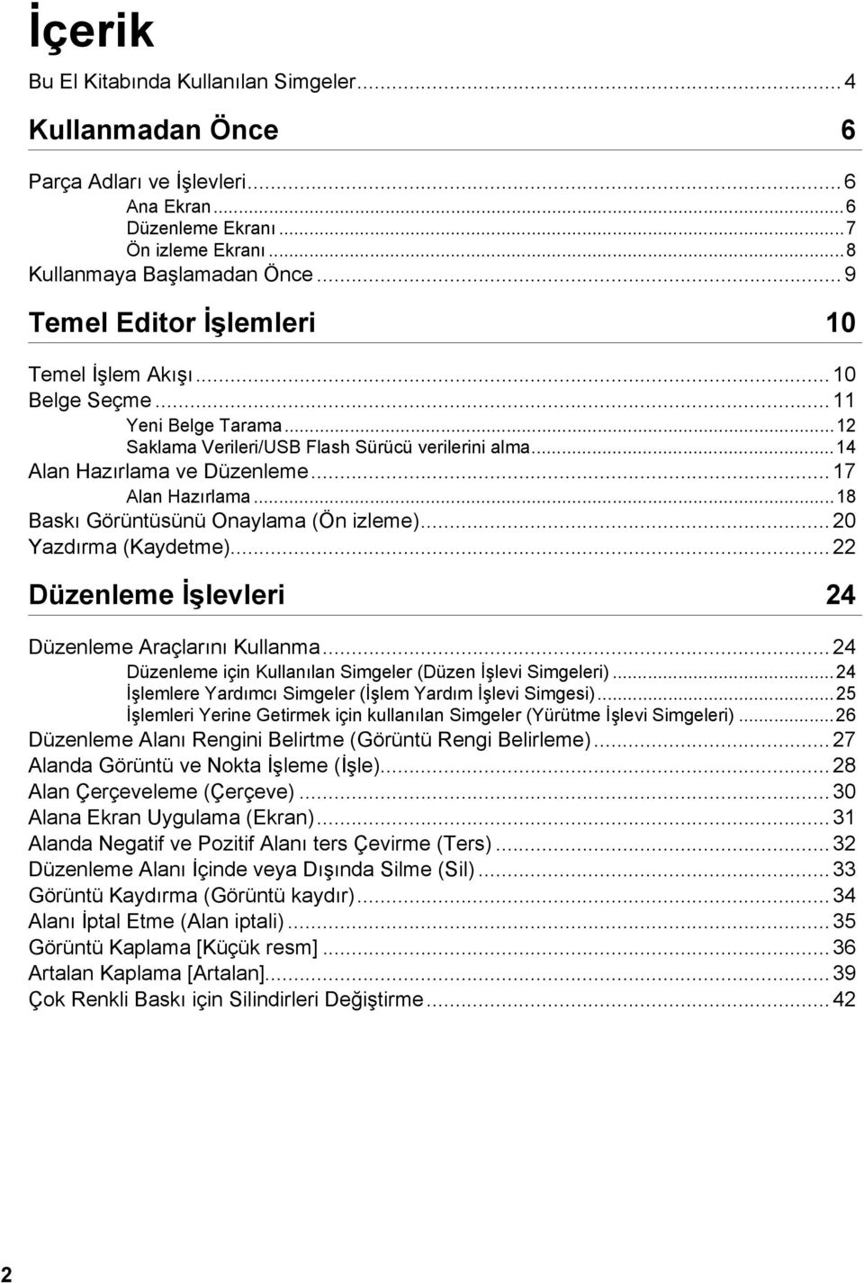 ..18 Baskı Görüntüsünü Onaylama (Ön izleme)... 20 Yazdırma (Kaydetme)... 22 Düzenleme İşlevleri 24 Düzenleme Araçlarını Kullanma... 24 Düzenleme için Kullanılan Simgeler (Düzen İşlevi Simgeleri).