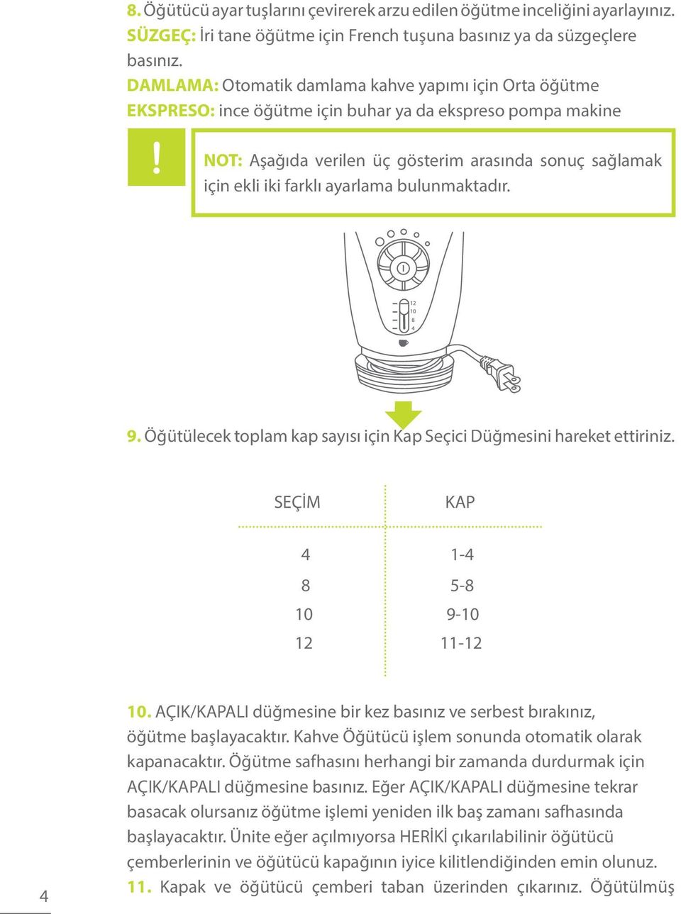 ayarlama bulunmaktadır. 9. Öğütülecek toplam kap sayısı için Kap Seçici Düğmesini hareket ettiriniz. SEÇİM KAP 4 8 10 12 1-4 5-8 9-10 11-12 4 10.