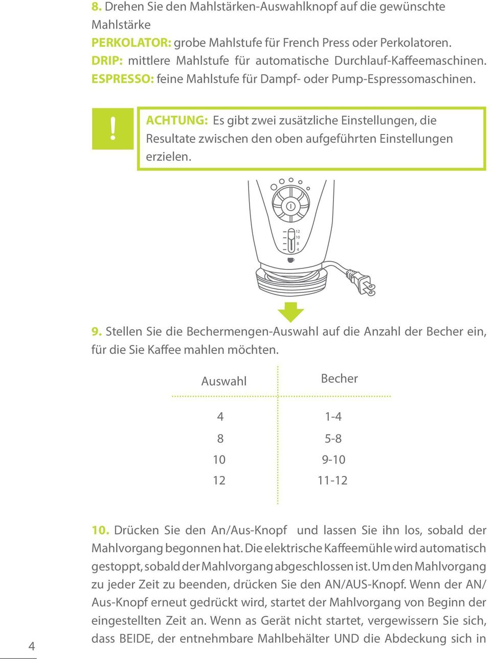 ACHTUNG: Es gibt zwei zusätzliche Einstellungen, die Resultate zwischen den oben aufgeführten Einstellungen erzielen. 9.