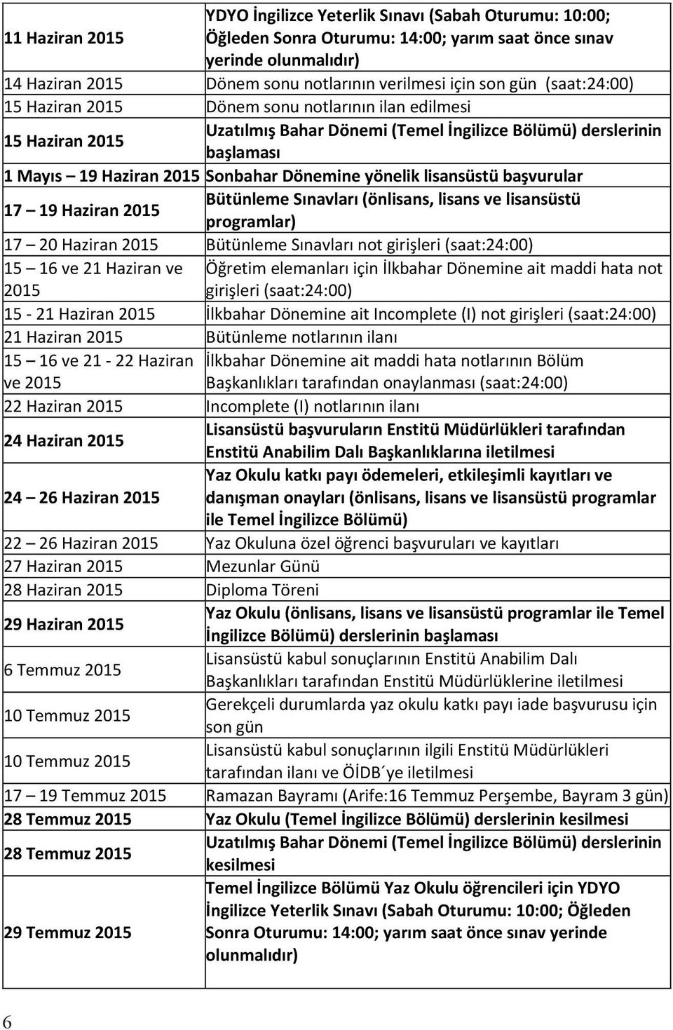 yönelik lisansüstü başvurular 17 19 Haziran 2015 Bütünleme Sınavları (önlisans, lisans ve lisansüstü programlar) 17 20 Haziran 2015 Bütünleme Sınavları not girişleri (saat:24:00) 15 16 ve 21 Haziran