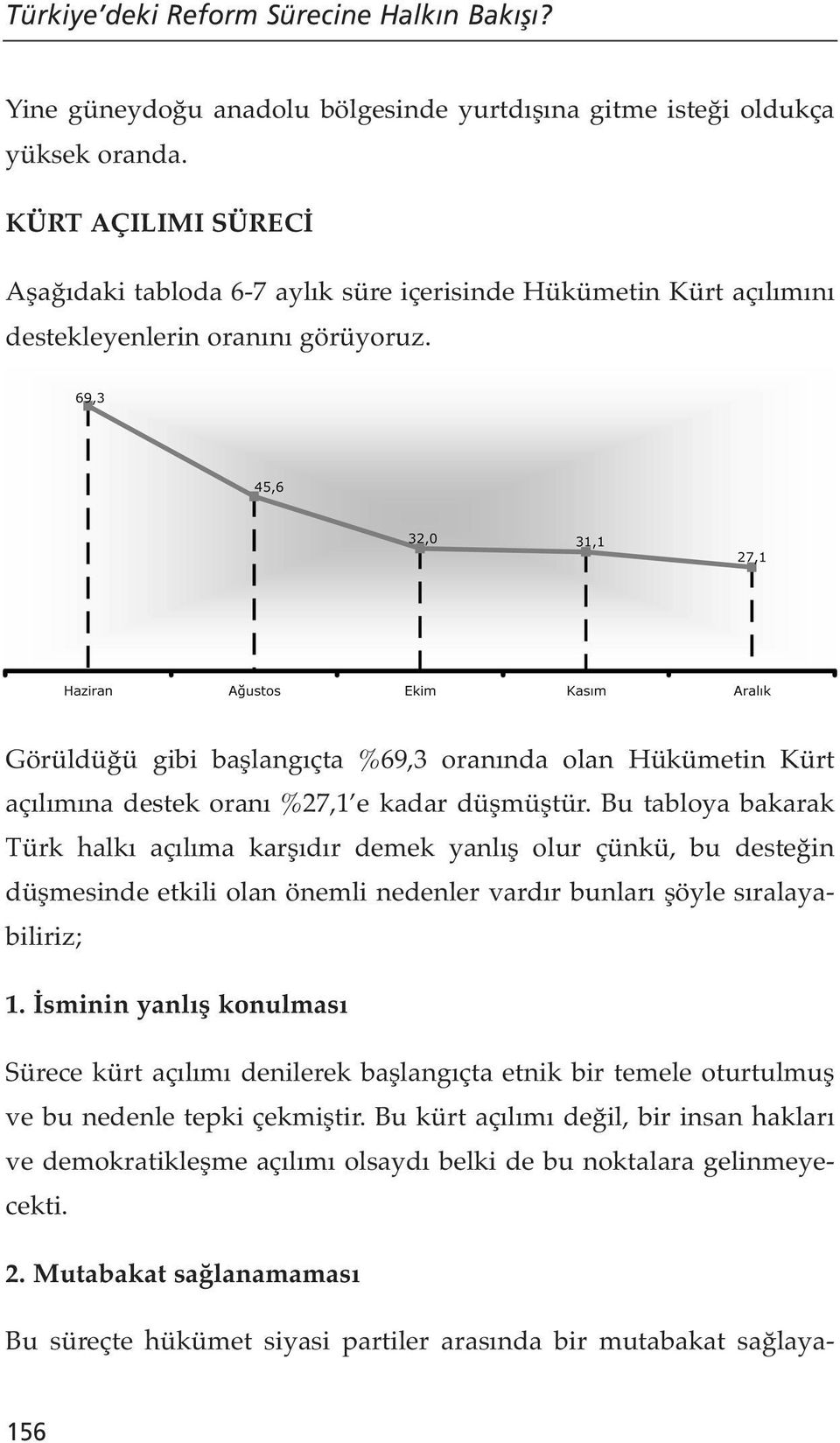 Görüldüğü gibi başlangıçta %69,3 oranında olan Hükümetin Kürt açılımına destek oranı %27,1 e kadar düşmüştür.