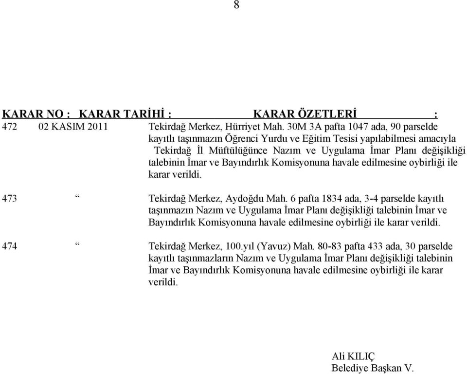talebinin İmar ve Bayındırlık Komisyonuna havale edilmesine oybirliği ile karar verildi. 473 Tekirdağ Merkez, Aydoğdu Mah.