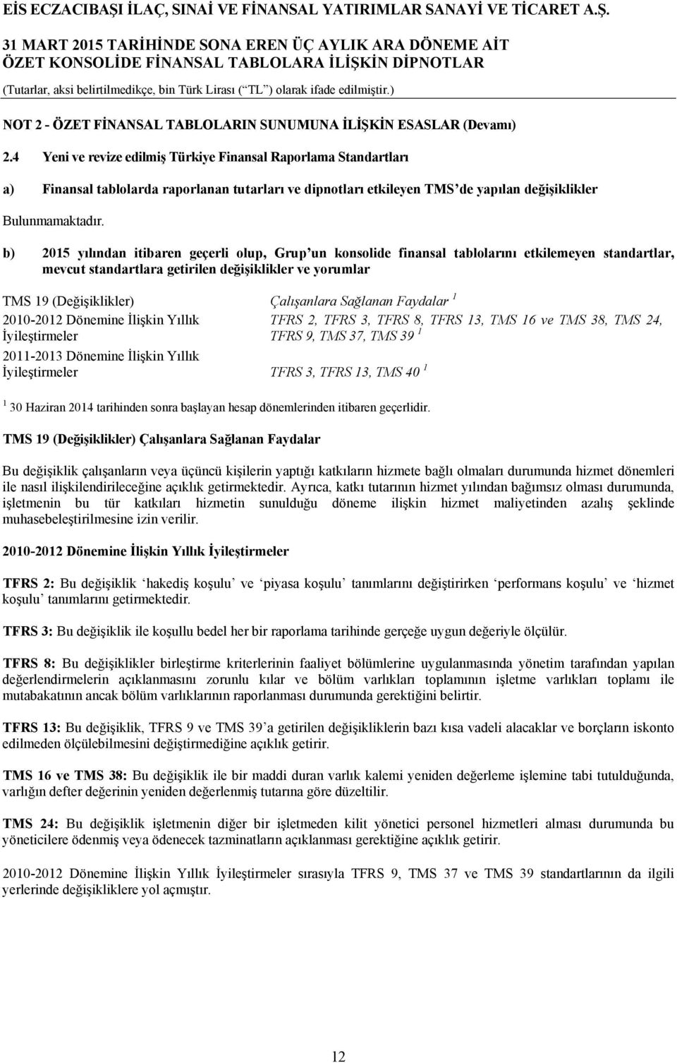 b) 2015 yılından itibaren geçerli olup, Grup un konsolide finansal tablolarını etkilemeyen standartlar, mevcut standartlara getirilen değişiklikler ve yorumlar TMS 19 (Değişiklikler) Çalışanlara