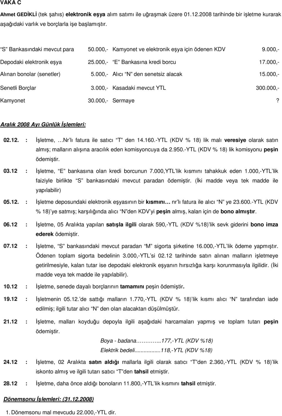 000,- Senetli Borçlar 3.000,- Kasadaki mevcut YTL 300.000,- Kamyonet 30.000,- Sermaye? Aralık 2008 Ayı Günlük Đşlemleri: 02.12. : Đşletme, Nr lı fatura ile satıcı T den 14.160.