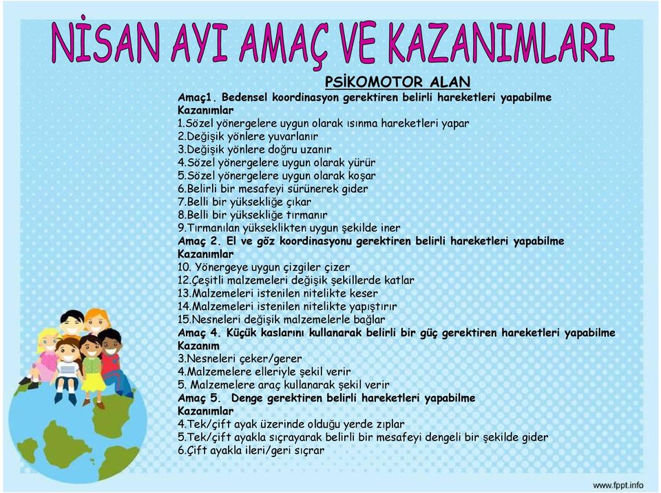 Belli bir yüksekliğe tırmanır 9.Tırmanılan yükseklikten uygun şekilde iner Amaç 2. El ve göz koordinasyonu gerektiren belirli hareketleri yapabilme Kazanımlar 10. Yönergeye uygun çizgiler çizer 12.