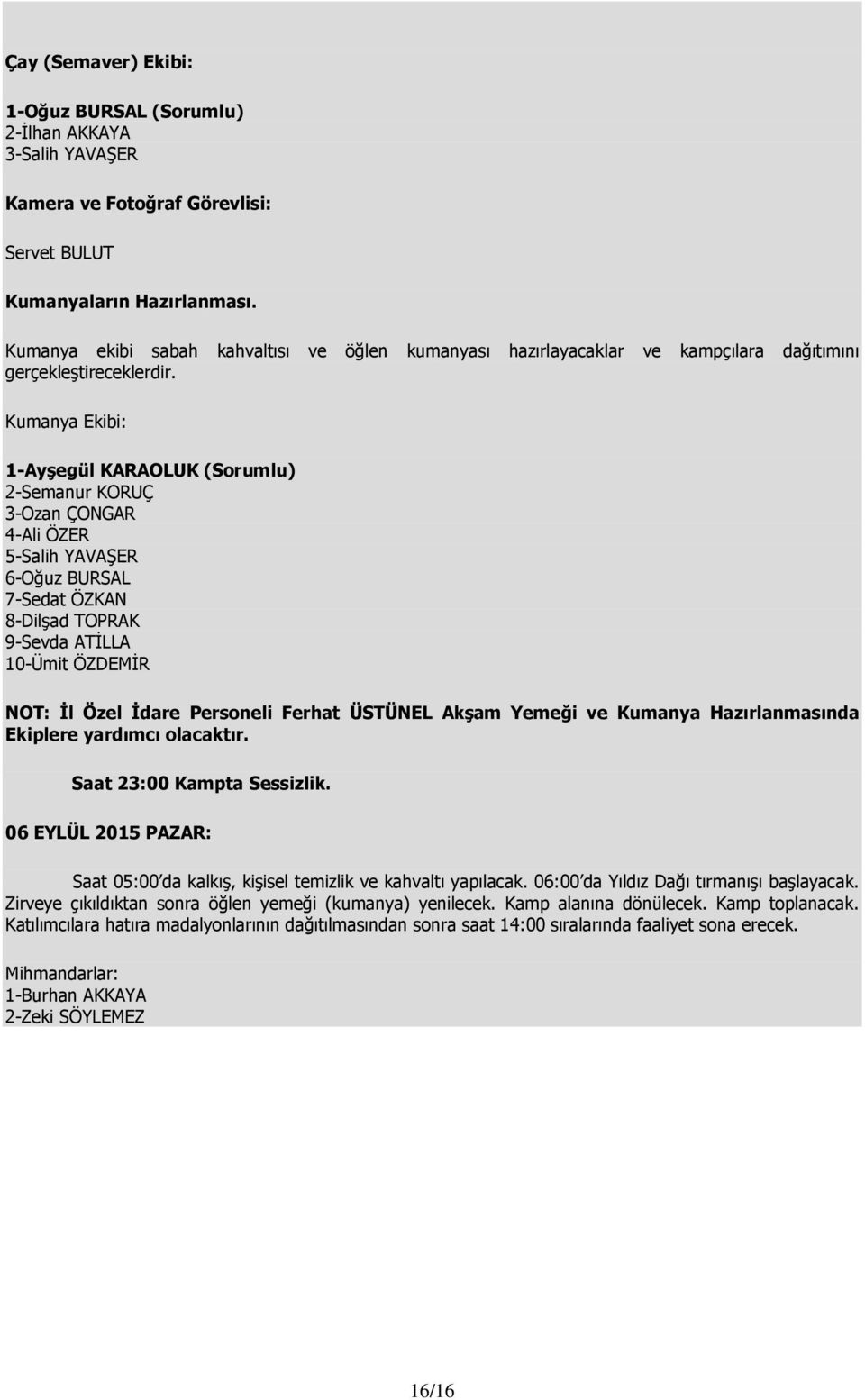 Kumanya Ekibi: 1-Ayşegül KARAOLUK (Sorumlu) 2-Semanur KORUÇ 3-Ozan ÇONGAR 4-Ali ÖZER 5-Salih YAVAŞER 6-Oğuz BURSAL 7-Sedat ÖZKAN 8-Dilşad TOPRAK 9-Sevda ATİLLA 10-Ümit ÖZDEMİR NOT: İl Özel İdare