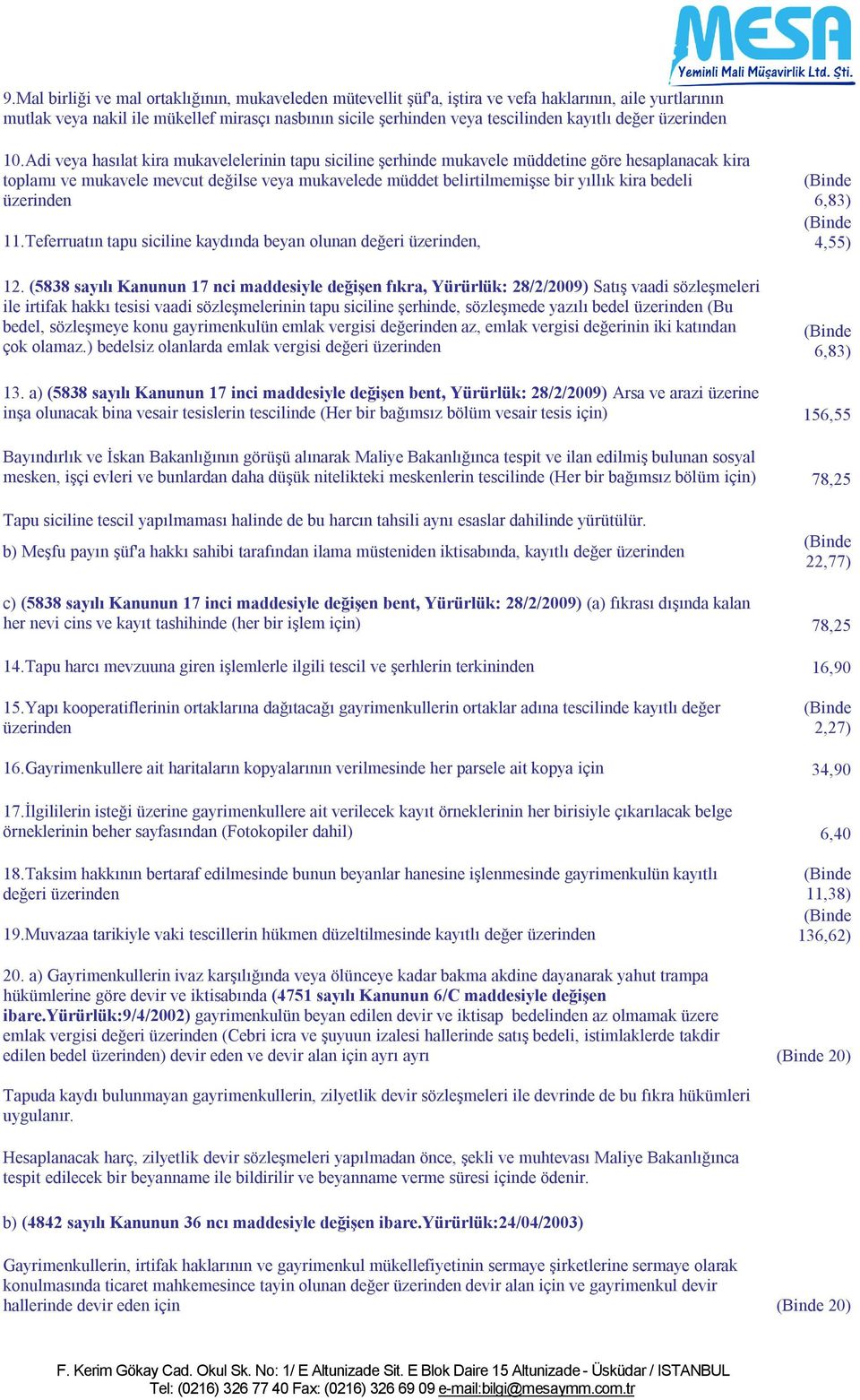 Adi veya hasılat kira mukavelelerinin tapu siciline şerhinde mukavele müddetine göre hesaplanacak kira toplamı ve mukavele mevcut değilse veya mukavelede müddet belirtilmemişse bir yıllık kira bedeli