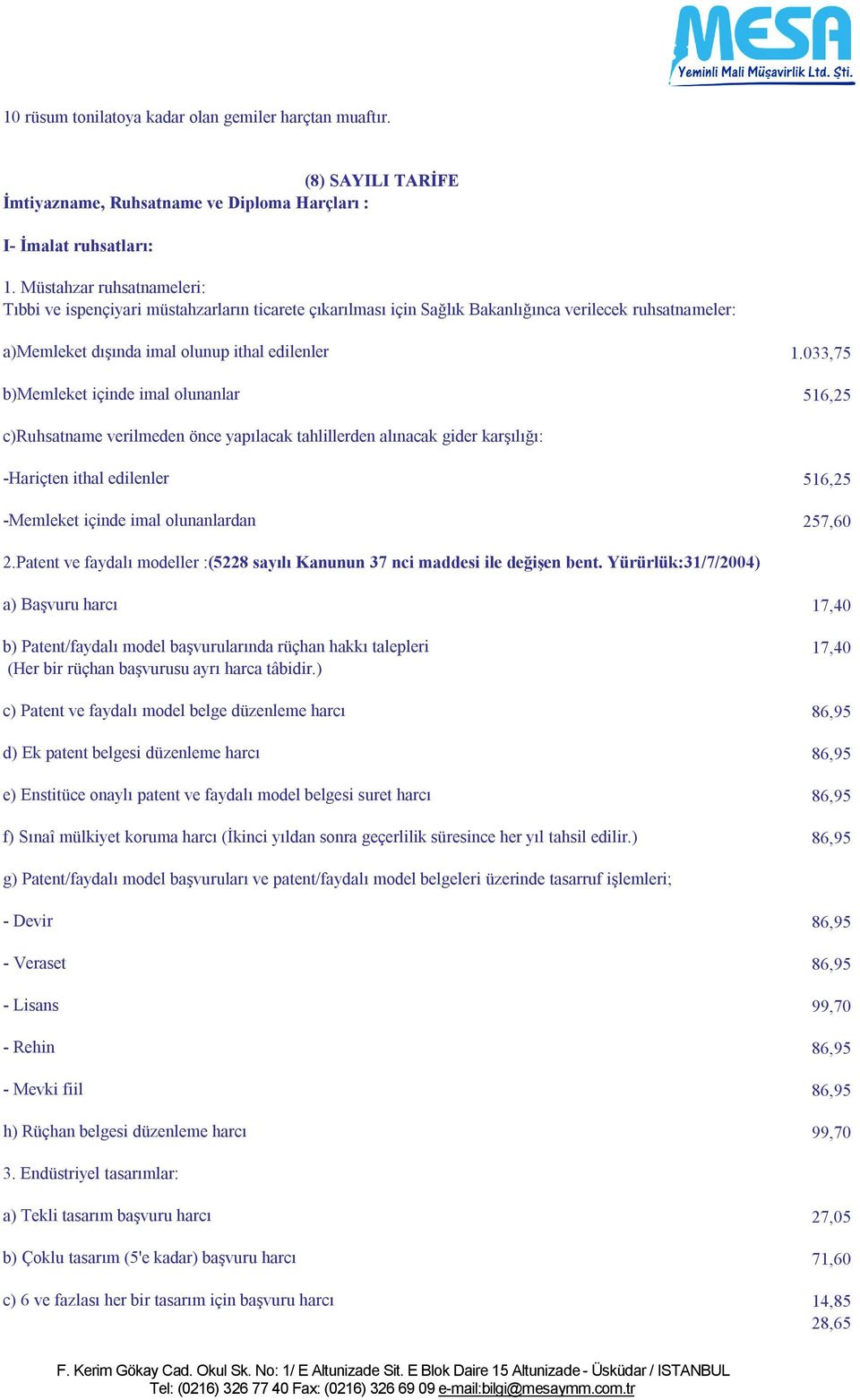 033,75 b)memleket içinde imal olunanlar 516,25 c)ruhsatname verilmeden önce yapılacak tahlillerden alınacak gider karşılığı: -Hariçten ithal edilenler 516,25 -Memleket içinde imal olunanlardan 257,60