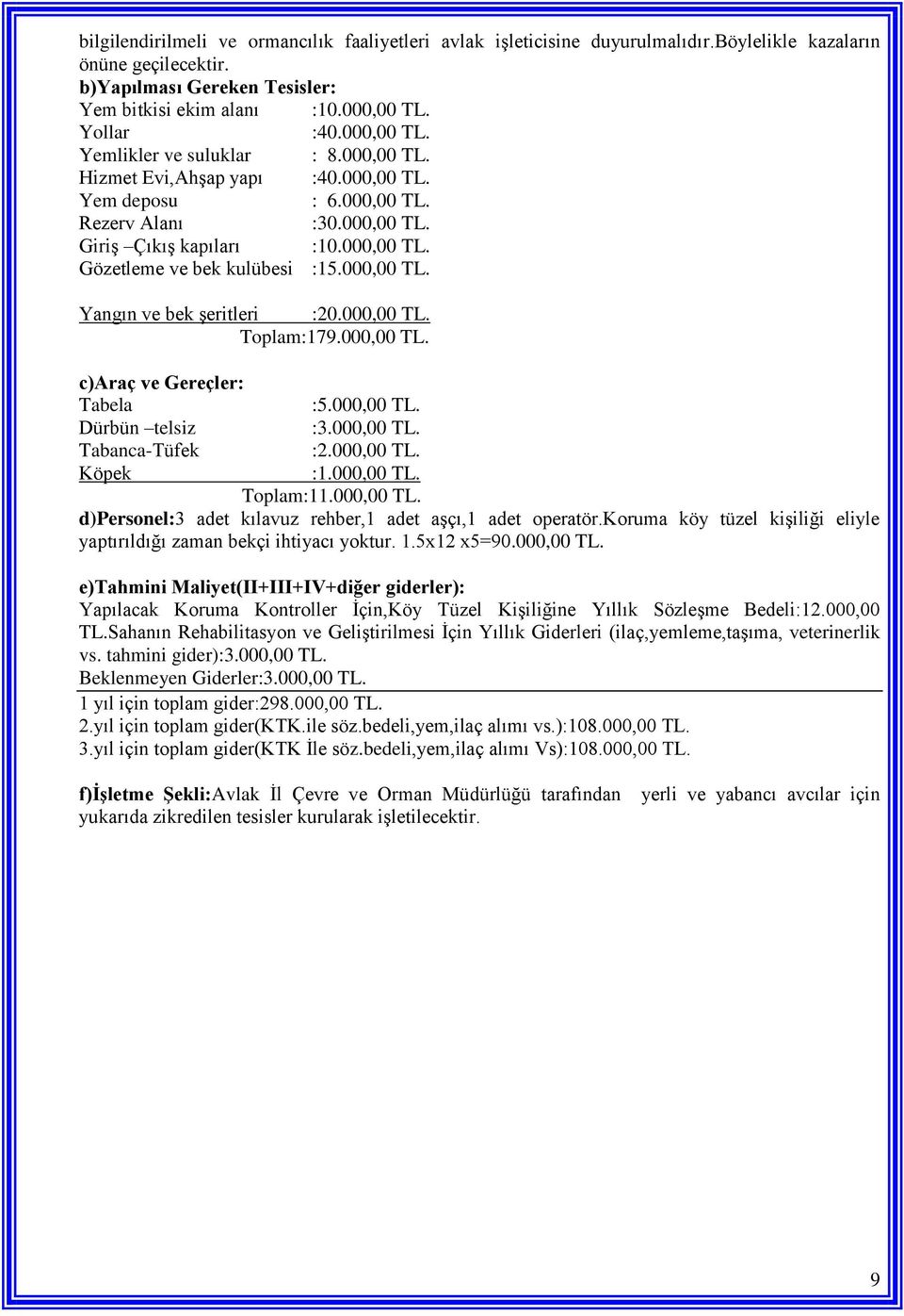 000,00 TL. Yangın ve bek şeritleri :20.000,00 TL. Toplam:179.000,00 TL. c)araç ve Gereçler: Tabela Dürbün telsiz Tabanca-Tüfek Köpek :5.000,00 TL. :3.000,00 TL. :2.000,00 TL. :1.000,00 TL. Toplam:11.