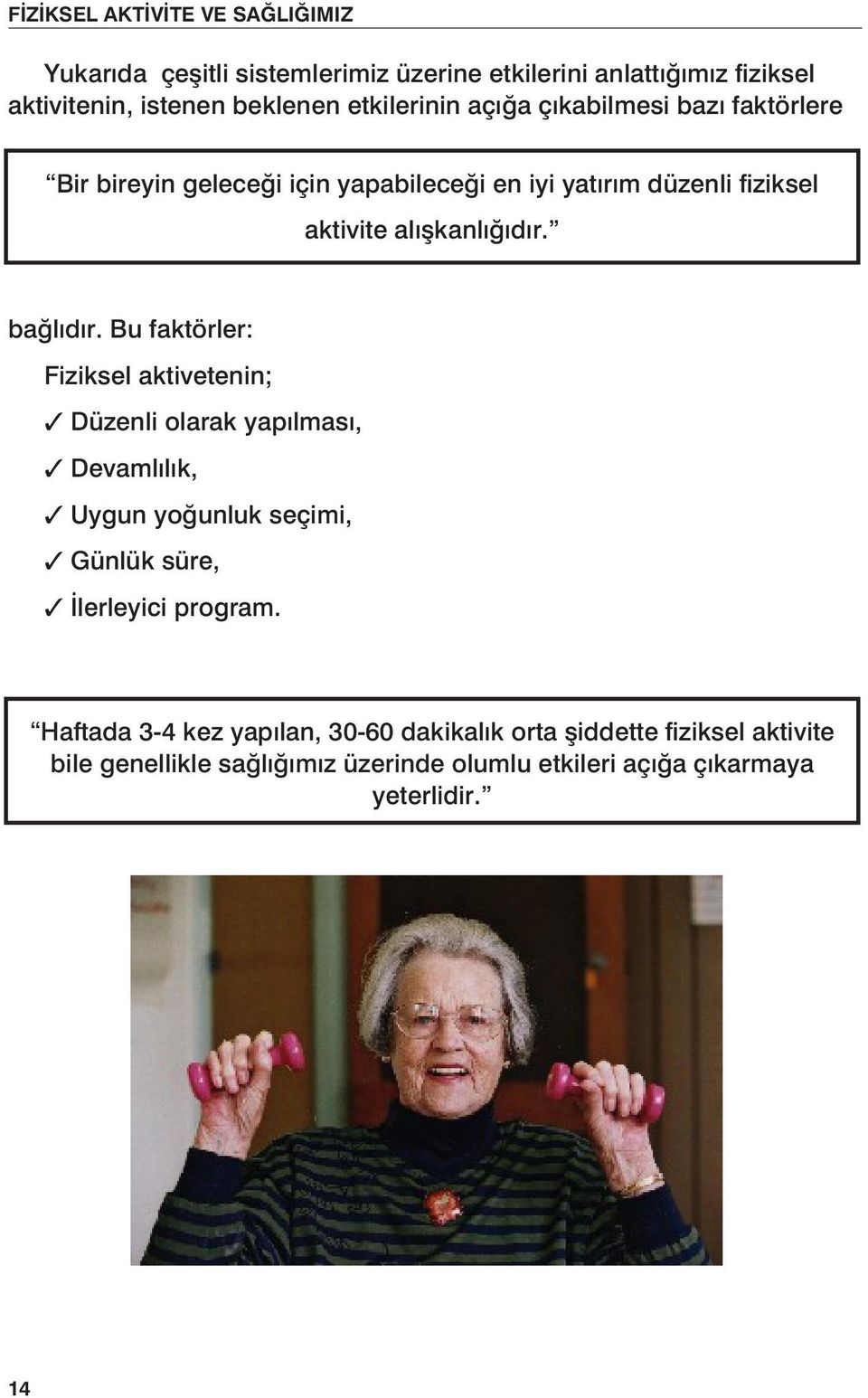 Bu faktörler: Fiziksel aktivetenin; 3 Düzenli olarak yapılması, 3 Devamlılık, 3 Uygun yoğunluk seçimi, 3 Günlük süre, 3 İlerleyici