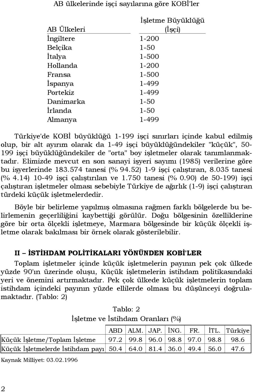 "orta" boy işletmeler olarak tanımlanmaktadır. Elimizde mevcut en son sanayi işyeri sayımı (1985) verilerine göre bu işyerlerinde 183.574 tanesi (% 94.52) 1-9 işçi çalıştıran, 8.035 tanesi (% 4.