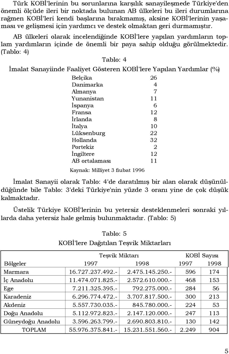 AB ülkeleri olarak incelendiğinde KOBĐ'lere yapılan yardımların toplam yardımların içinde de önemli bir paya sahip olduğu görülmektedir.