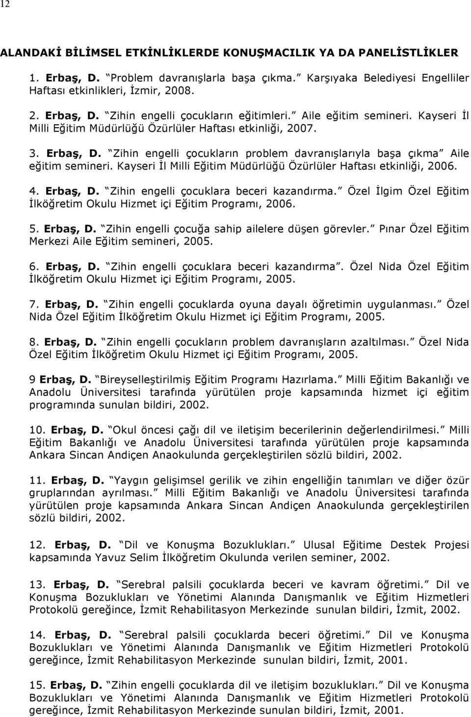 Kayseri İl Milli Eğitim Müdürlüğü Özürlüler Haftası etkinliği, 2006. 4. Erbaş, D. Zihin engelli çocuklara beceri kazandırma. Özel İlgim Özel Eğitim İlköğretim Okulu Hizmet içi Eğitim Programı, 2006.