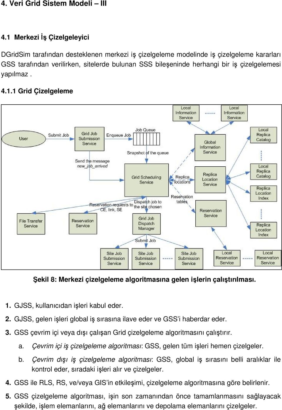 çizelgelemesi yapılmaz. 4.1.1 Grid Çizelgeleme Şekil 8: Merkezi çizelgeleme algritmasına gelen işlerin çalıştırılması. 1. GJSS, kullanıcıdan işleri kabul eder. 2.