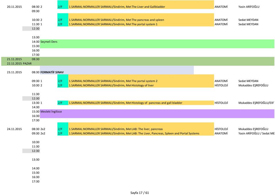 SARMAL:NORMALLER SARMALI/Sindirim, Metabolizma The portal ve system Endokrin/SİNDİRİM 1 SİSTEMİ ANATOMİK VE MİKRO YAPISI ANATOMİ Sedat MEYDAN Seçmeli Ders 21.11.2015 08:30 22.11.2015 PAZAR 23.11.2015 08:30 FORMATİF SINAV 1 2/F 1.