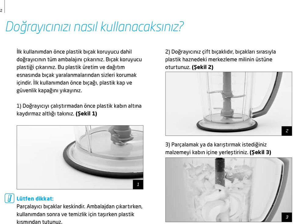 2) Doğrayıcınız çift bıçaklıdır, bıçakları sırasıyla plastik haznedeki merkezleme milinin üstüne oturtunuz.