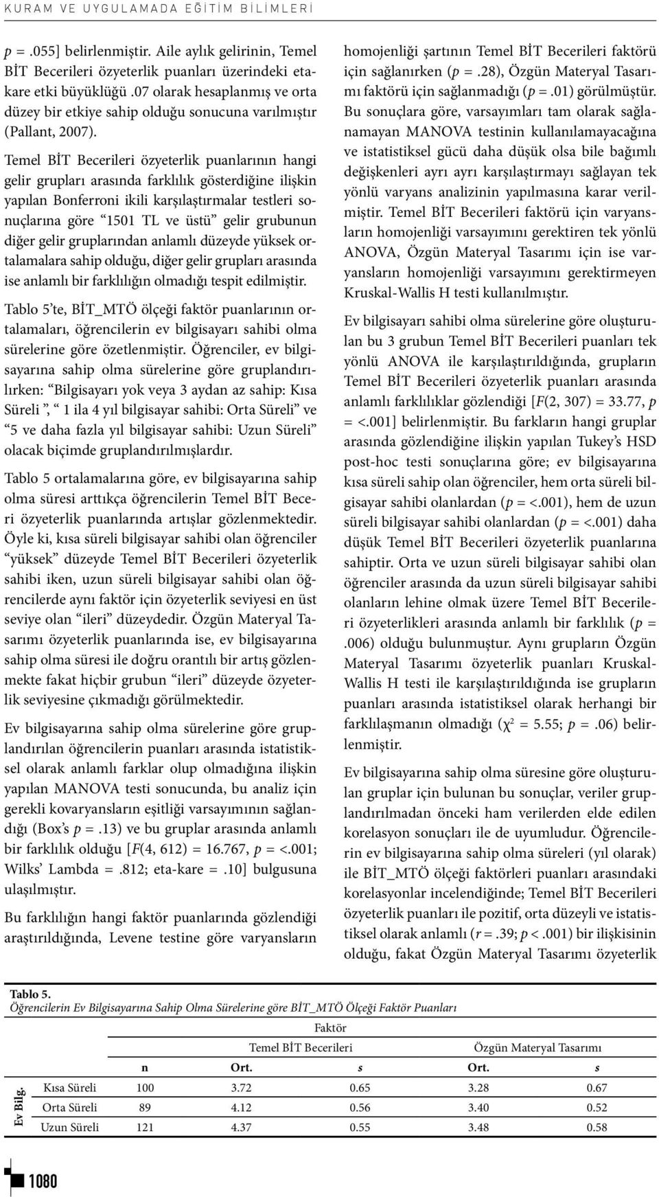 Temel BİT Becerileri özyeterlik puanlarının hangi gelir grupları arasında farklılık gösterdiğine ilişkin yapılan Bonferroni ikili karşılaştırmalar testleri sonuçlarına göre 1501 TL ve üstü gelir