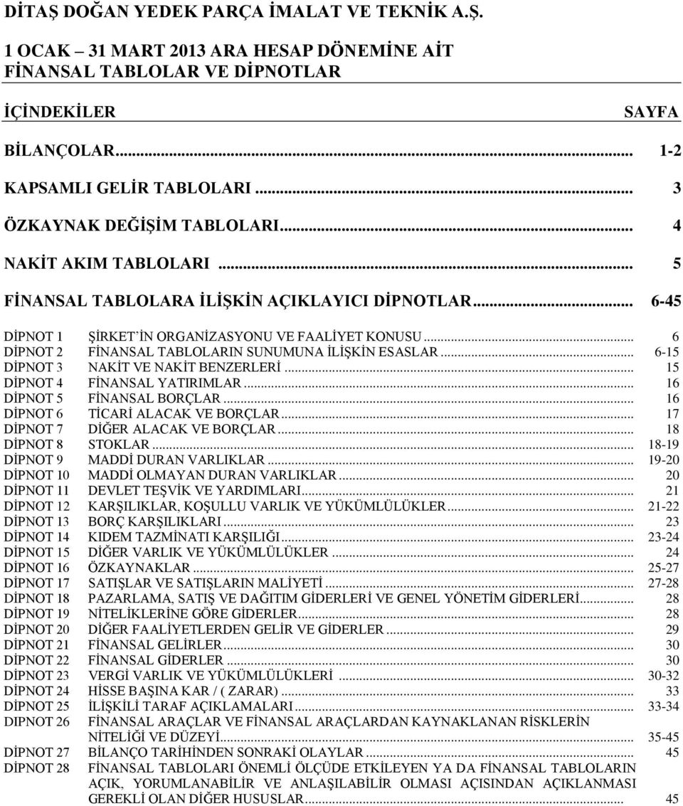 .. 16 DİPNOT 5 FİNANSAL BORÇLAR... 16 DİPNOT 6 TİCARİ ALACAK VE BORÇLAR... 17 DİPNOT 7 DİĞER ALACAK VE BORÇLAR... 18 DİPNOT 8 STOKLAR... 18-19 DİPNOT 9 MADDİ DURAN VARLIKLAR.