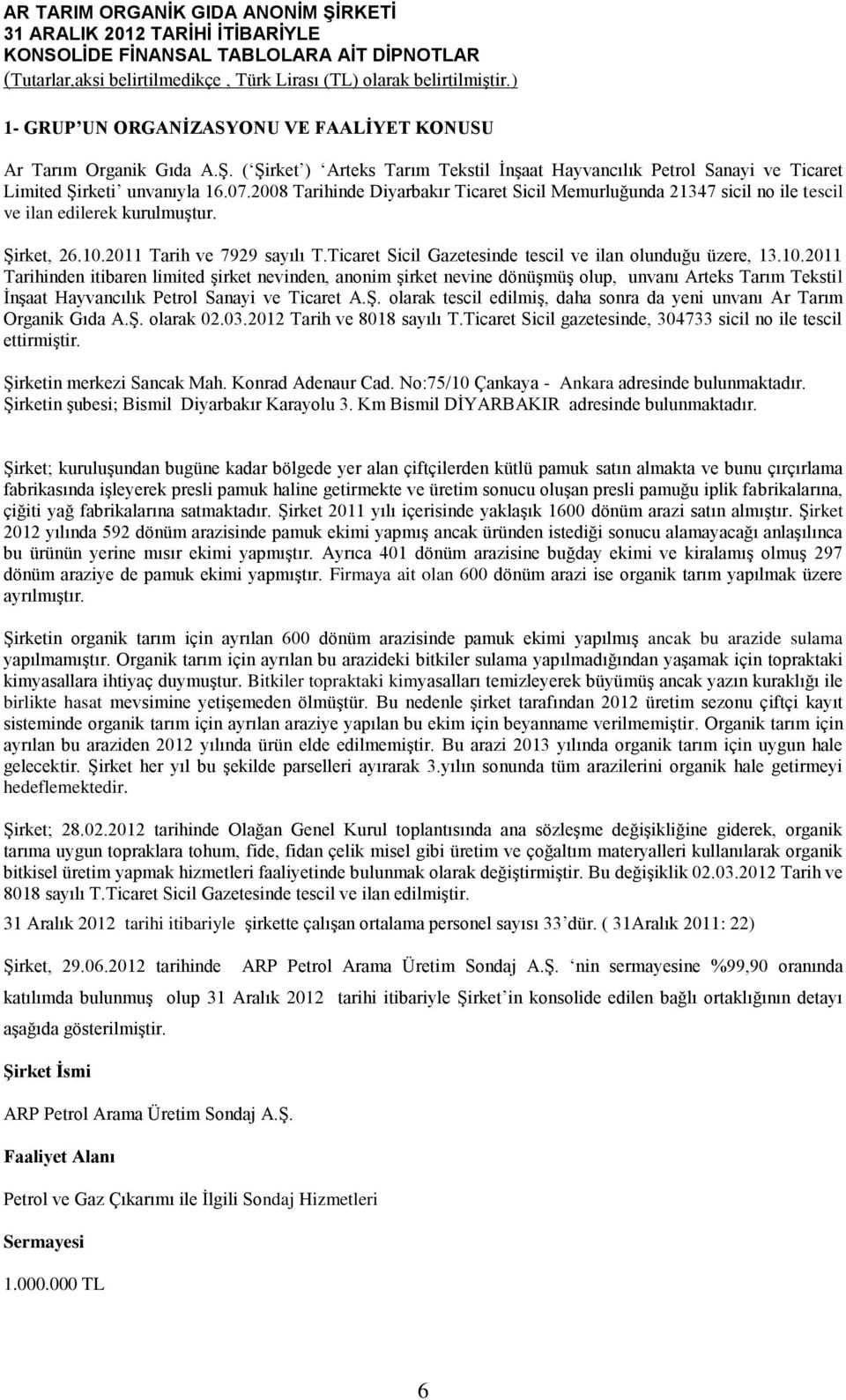 Ticaret Sicil Gazetesinde tescil ve ilan olunduğu üzere, 13.10.