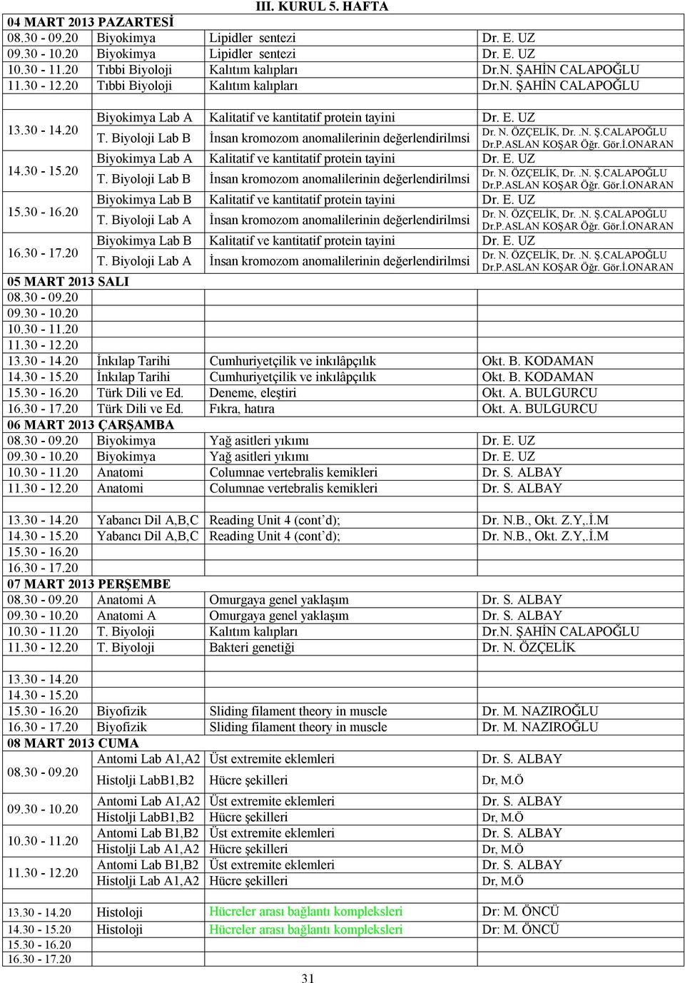 Biyoloji Lab A İnsan kromozom anomalilerinin değerlendirilmsi 31 05 MART 2013 SALI İnkılap Tarihi Cumhuriyetçilik ve inkılâpçılık Okt. B. KODAMAN İnkılap Tarihi Cumhuriyetçilik ve inkılâpçılık Okt. B. KODAMAN Türk Dili ve Ed.