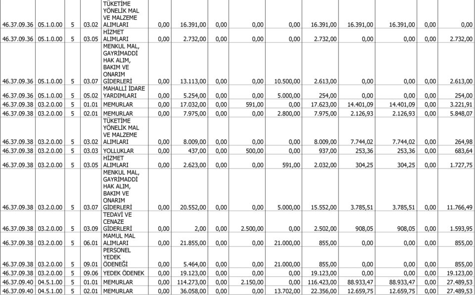 113,00 0,00 0,00 10.500,00 2.613,00 0,00 0,00 0,00 2.613,00 MAHALLĐ ĐDARE YARDIMLARI 0,00 5.254,00 0,00 0,00 5.000,00 254,00 0,00 0,00 0,00 254,00 46.37.09.38 03.2.0.00 5 01.01 MEMURLAR 0,00 17.