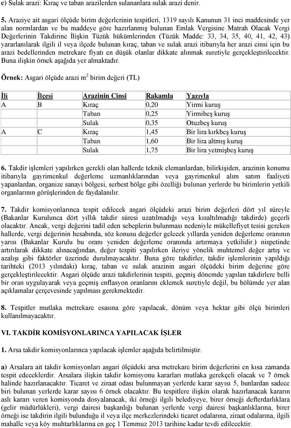 Değerlerinin Takdirine İlişkin Tüzük hükümlerinden (Tüzük Madde: 33, 34, 35, 40, 41, 42, 43) yararlanılarak ilgili il veya ilçede bulunan kıraç, taban ve sulak arazi itibarıyla her arazi cinsi için