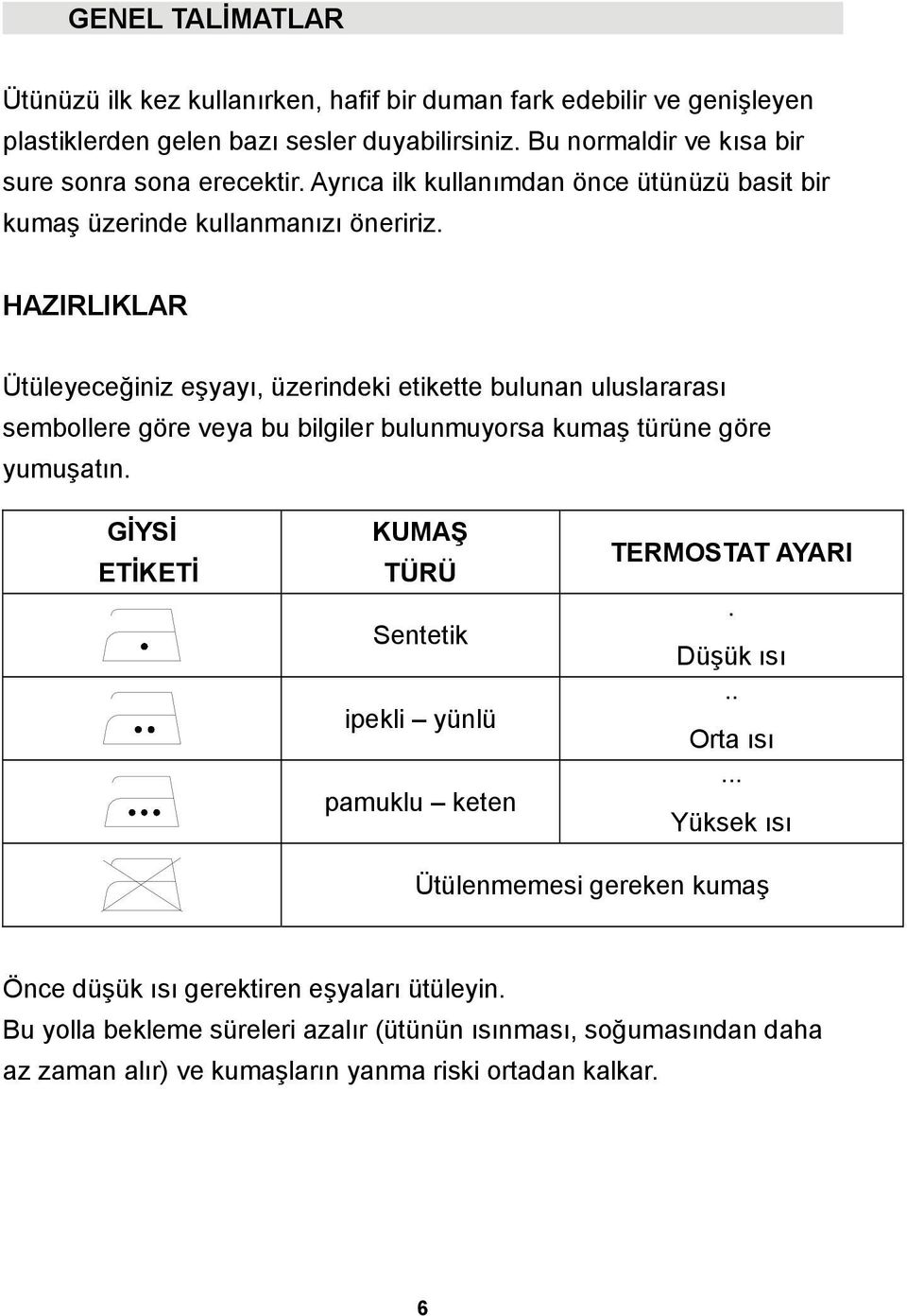 HAZIRLIKLAR Ütüleyeceğiniz eşyayı, üzerindeki etikette bulunan uluslararası sembollere göre veya bu bilgiler bulunmuyorsa kumaş türüne göre yumuşatın.