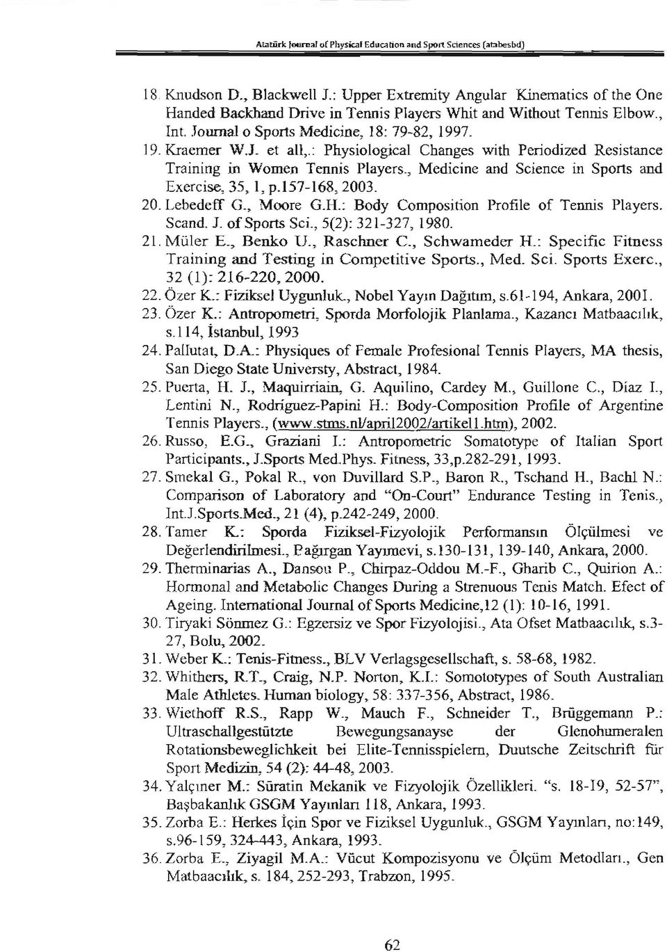 : Physiological Changes with Periodized Resistance Training in Women Tennis Players., Medicine and Science in Sports and Exereise, 35, I, p.157-168, 2003. 20. Lebedeff G., Moore G.H.