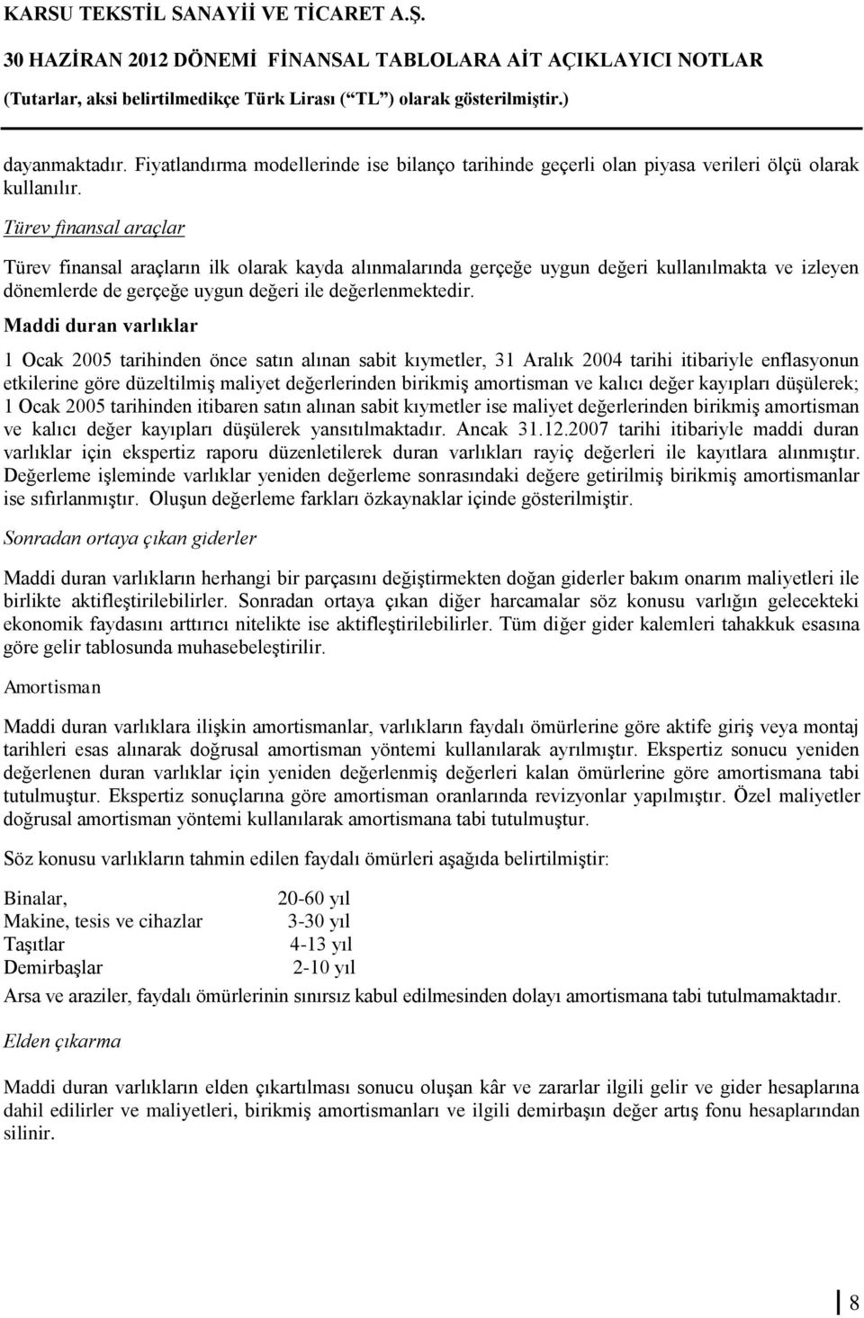 Maddi duran varlıklar 1 Ocak 2005 tarihinden önce satın alınan sabit kıymetler, 31 Aralık 2004 tarihi itibariyle enflasyonun etkilerine göre düzeltilmiş maliyet değerlerinden birikmiş amortisman ve