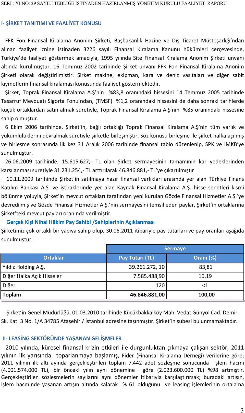 16 Temmuz 2002 tarihinde Şirket unvanı FFK Fon Finansal Kiralama Anonim Şirketi olarak değiştirilmiştir.