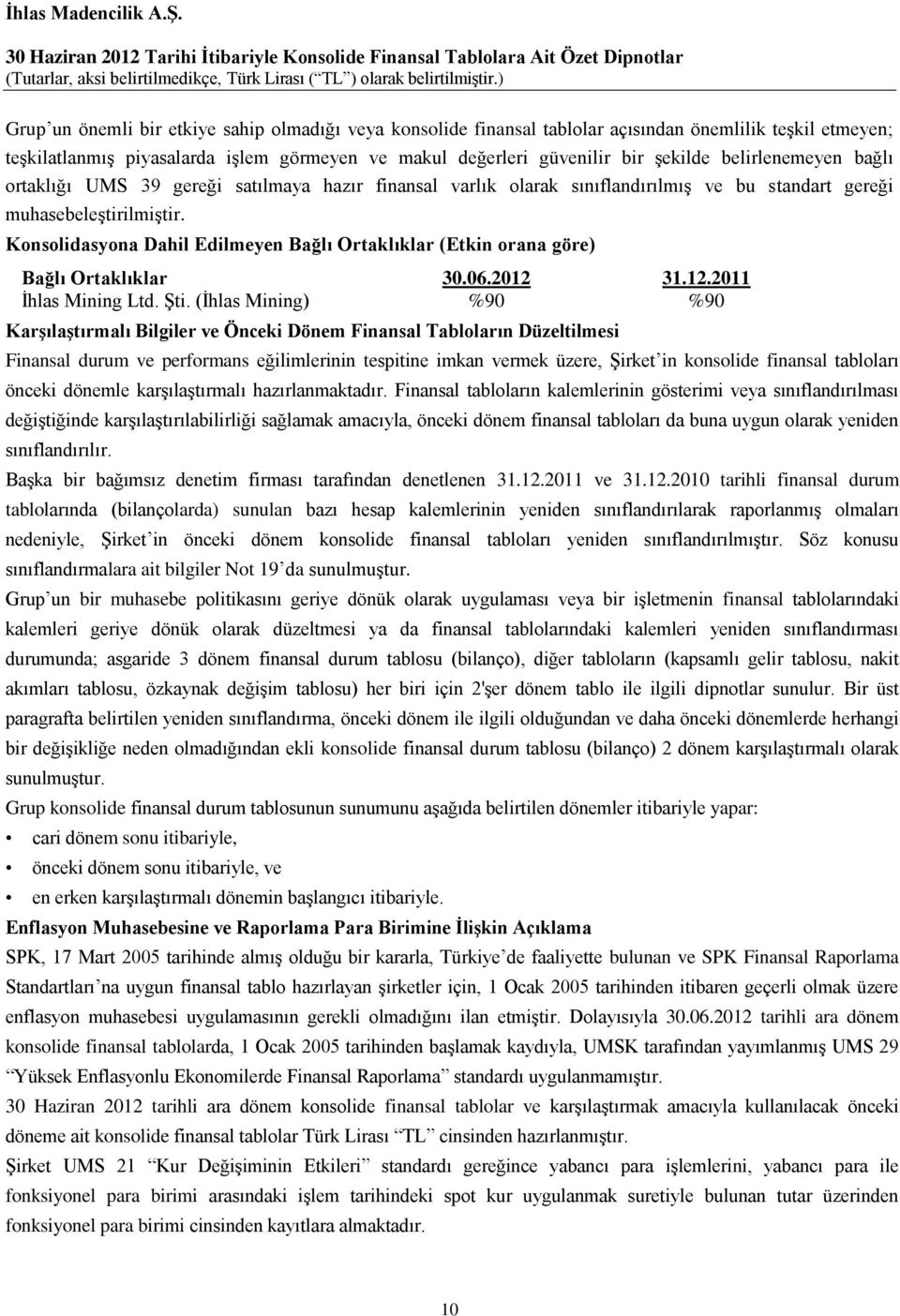 Konsolidasyona Dahil Edilmeyen Bağlı Ortaklıklar (Etkin orana göre) Bağlı Ortaklıklar 30.06.2012 31.12.2011 İhlas Mining Ltd. Şti.