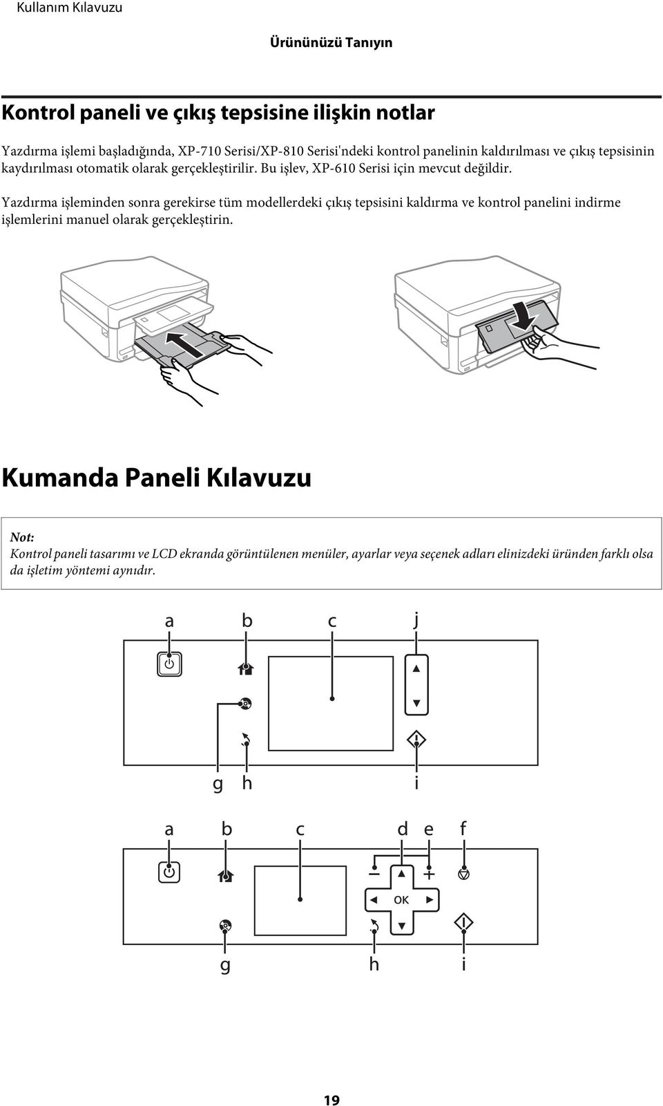 Yazdırma işleminden sonra gerekirse tüm modellerdeki çıkış tepsisini kaldırma ve kontrol panelini indirme işlemlerini manuel olarak gerçekleştirin.