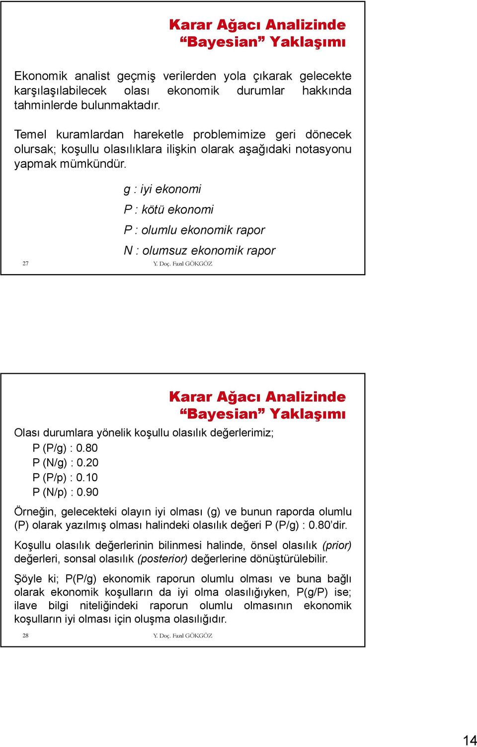 27 g :iyi ekonomi P : kötü ekonomi P : olumlu ekonomik rapor N : olumsuz ekonomik rapor Karar Ağacı Analizinde Bayesian Yaklaşımı Olası durumlara yönelik koşullu olasılık değerlerimiz; P(P/g):0.