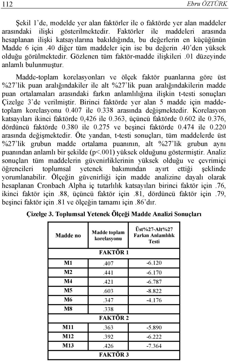 Gözlenen tüm faktör-madde ilişkileri.01 düzeyinde anlamlı bulunmuştur.