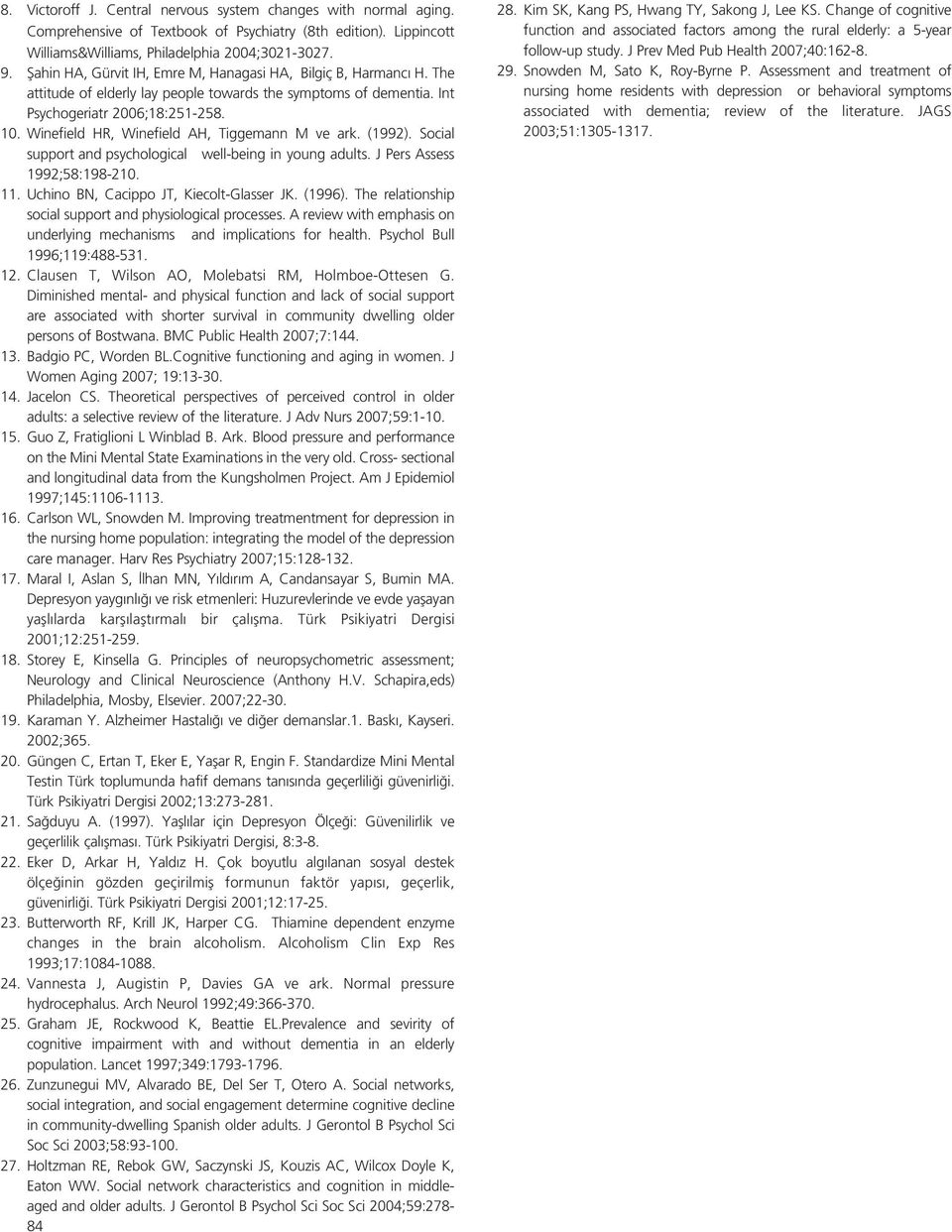 Winefield HR, Winefield AH, Tiggemann M ve ark. (1992). Social support and psychological well-being in young adults. J Pers Assess 1992;58:198-210. 11. Uchino BN, Cacippo JT, Kiecolt-Glasser JK.