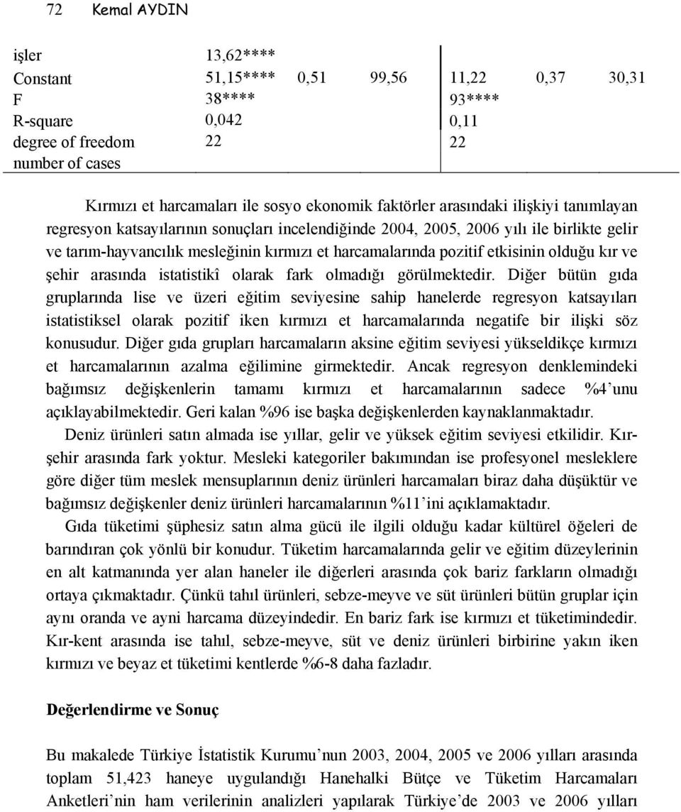 etkisinin olduğu kır ve şehir arasında istatistikî olarak fark olmadığı görülmektedir.