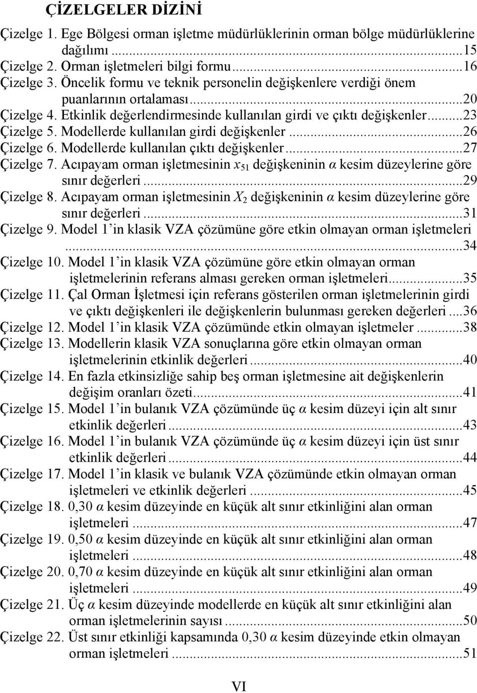 .. Çizelge. Acıpaam orman işletmesinin değişkeninin α kesim düzelerine göre sınır değerleri... Çizelge. Model in klasik VZA çözümüne göre etkin olmaan orman işletmeleri... Çizelge 0.